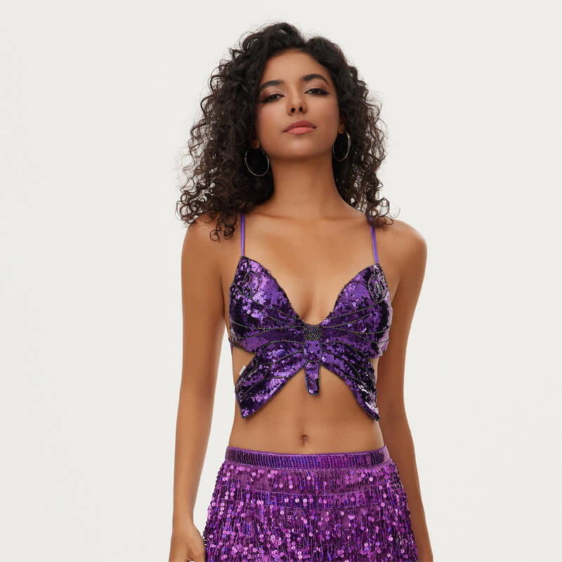 Sequin Butterfly Adjustable Tie Cropped Top | Gthic.com