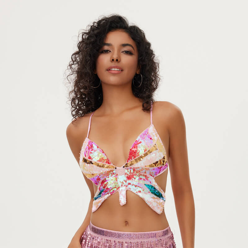 Sequin Butterfly Adjustable Tie Cropped Top | Gthic.com