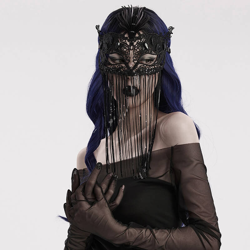 Máscara de media cara gótica misteriosa con borlas de lentejuelas