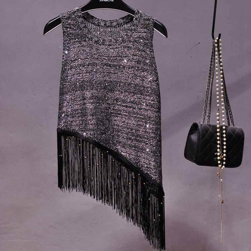 Sequined Fringe Sleeveless Suspenders Vest Top