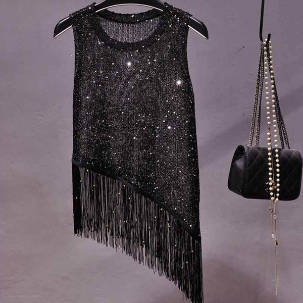 Sequined Fringe Sleeveless Suspenders Vest Top 02 | Gthic.com