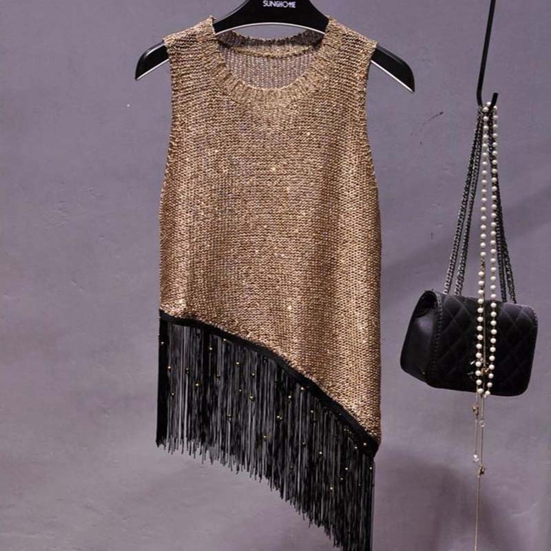 Sequined Fringe Sleeveless Suspenders Vest Top