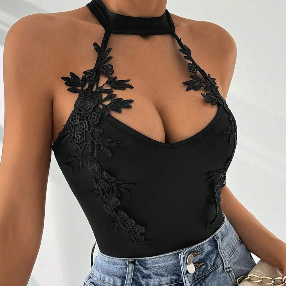 Sexy Black Halterneck Lace Jacquard Jumpsuit | Gthic.com