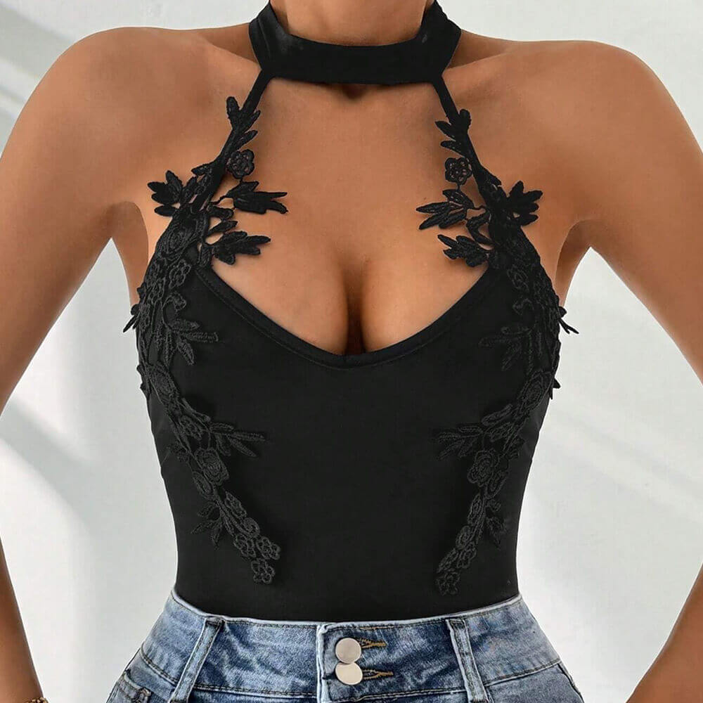 Sexy Black Halterneck Lace Jacquard Jumpsuit | Gthic.com