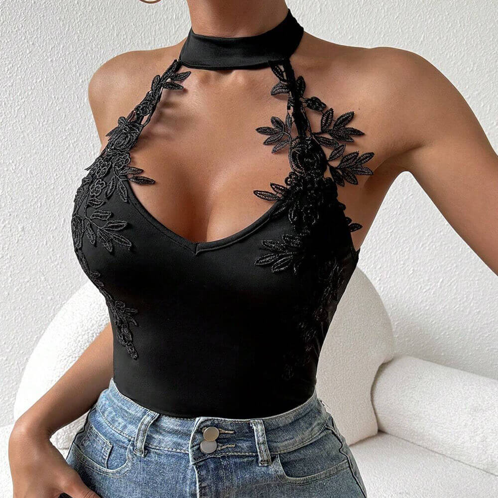 Sexy Black Halterneck Lace Jacquard Jumpsuit | Gthic.com