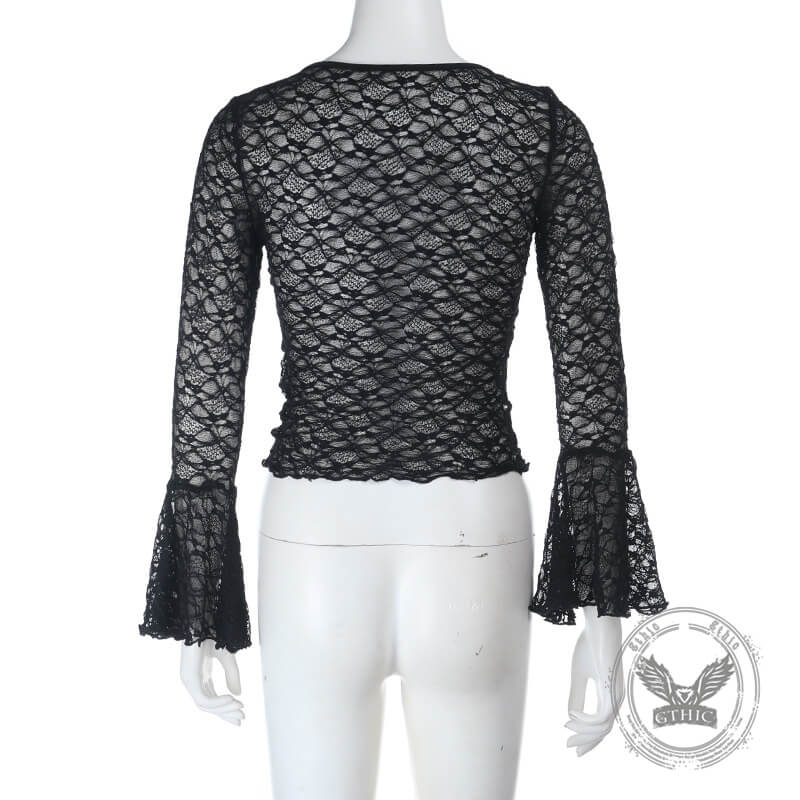Sexy Black See-Through Lace Bell-Sleeved Top | Gthic.com