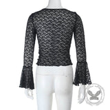 Sexy Black See-Through Lace Bell-Sleeved Top | Gthic.com