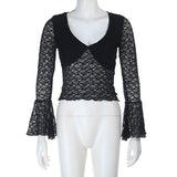 Sexy Black See-Through Lace Bell-Sleeved Top | Gthic.com