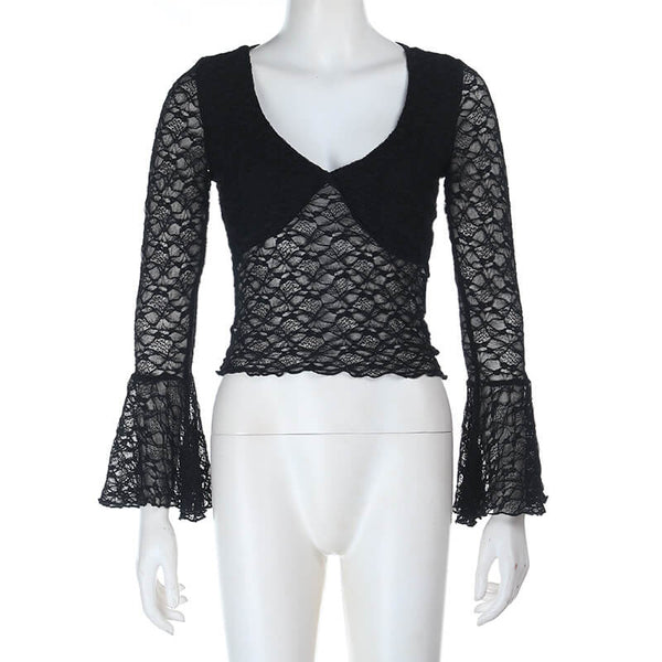 Sexy Black See-Through Lace Bell-Sleeved Top | Gthic.com