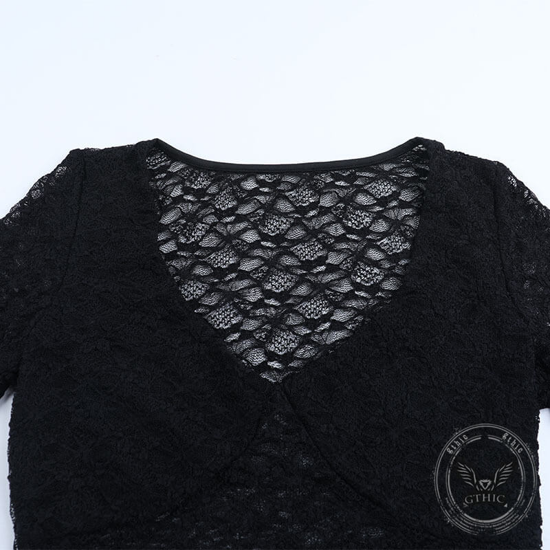 Sexy Black See-Through Lace Bell-Sleeved Top