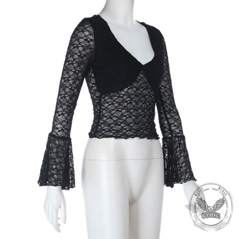 Sexy Black See-Through Lace Bell-Sleeved Top | Gthic.com