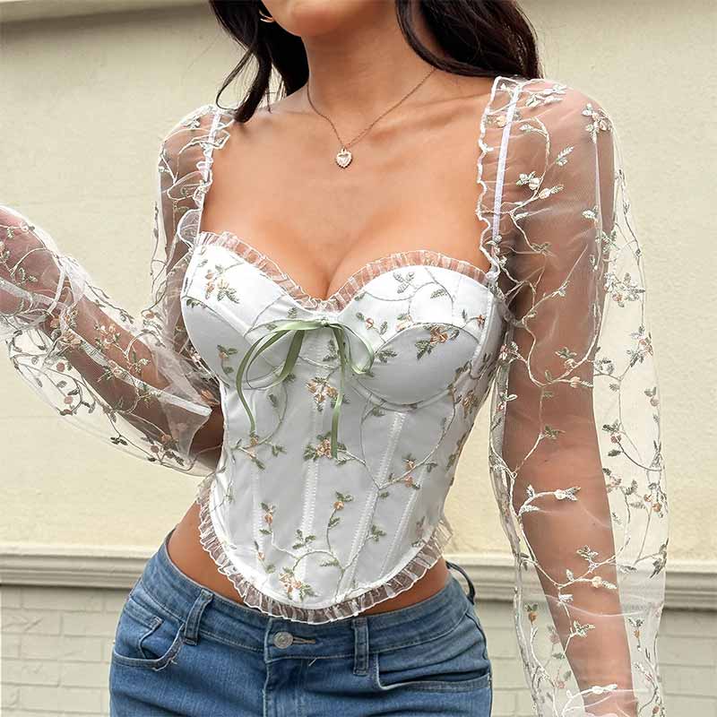 Sexy Embroidered Floral Transparent Sleeves Tube Top 01 | Gthic.com