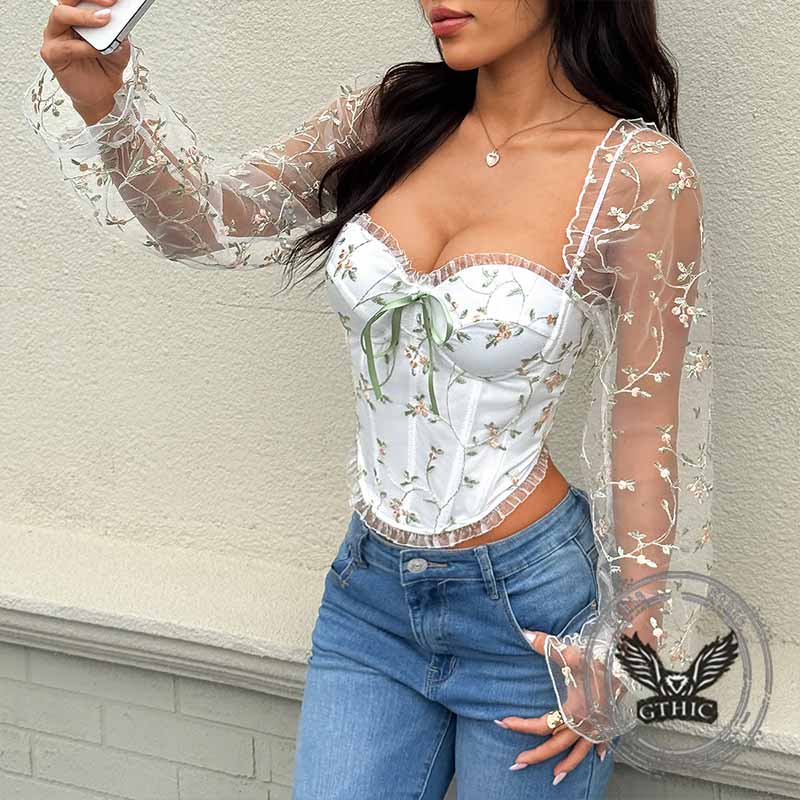 Sexy Embroidered Floral Transparent Sleeves Tube Top 02 | Gthic.com