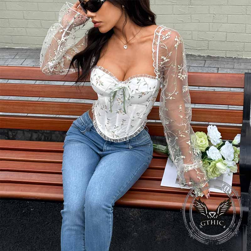 Sexy Embroidered Floral Transparent Sleeves Tube Top 03 | Gthic.com