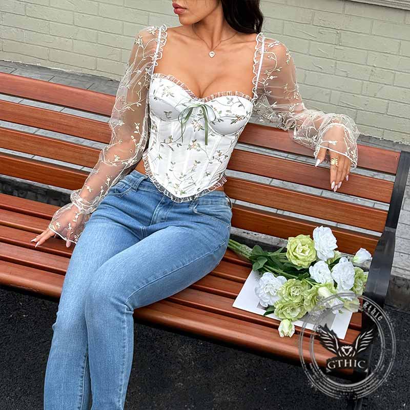 Sexy Embroidered Floral Transparent Sleeves Tube Top