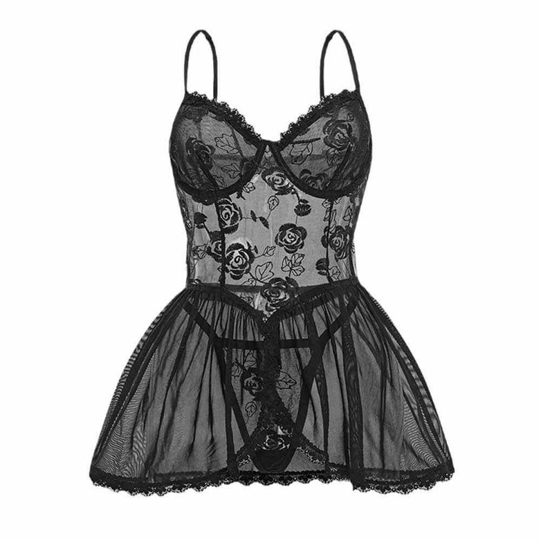 Sexy Embroidery Mesh Backless Suspender Pajamas | Gthic.com