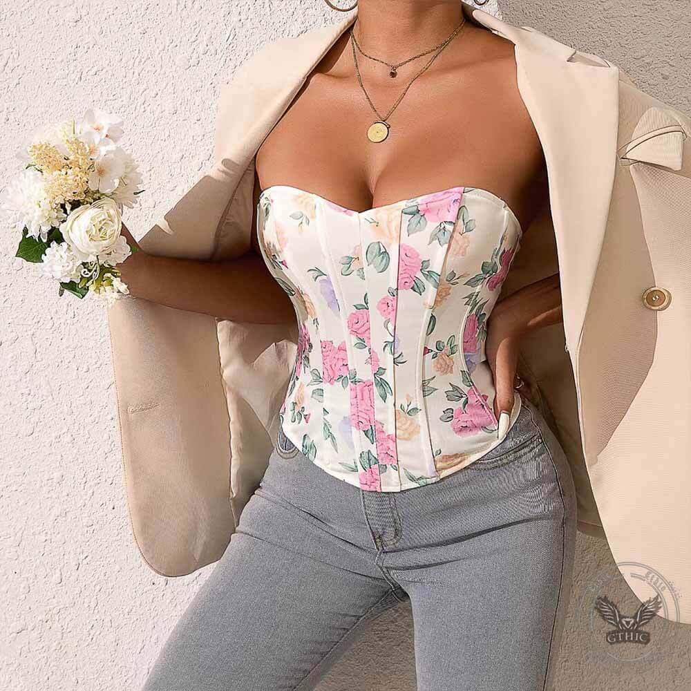 Sexy Floral Print Bandeau Tube Corset