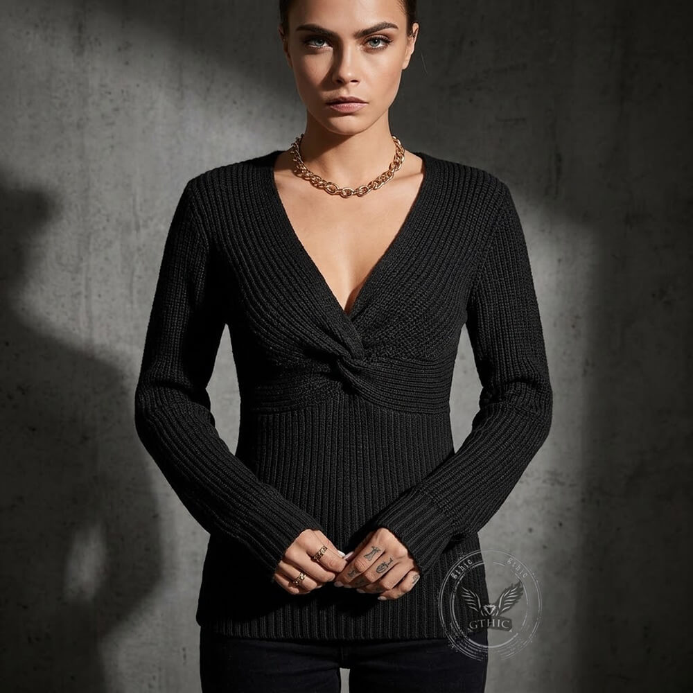 Sexy Form-Fitting Deep-V Knotted-Front Knit Top
