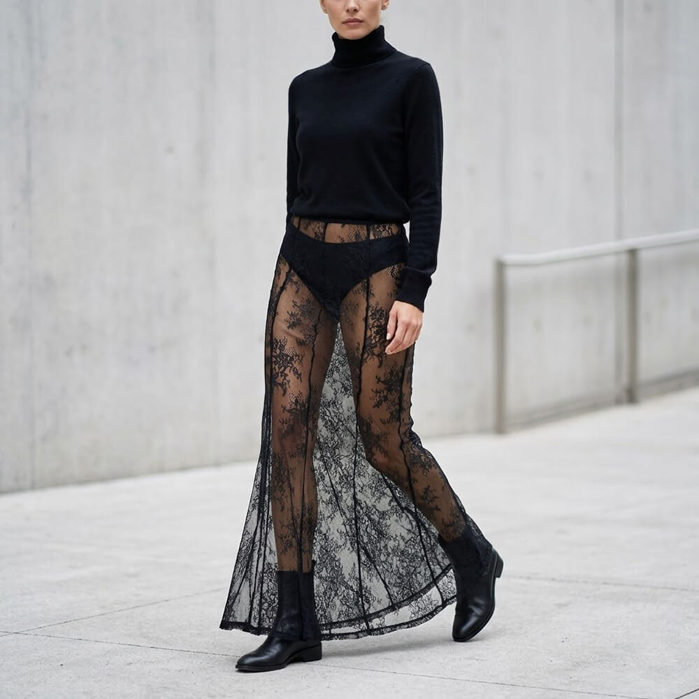 Sexy High-Waisted Sheer Lace Mesh Maxi Skirt | Gthic.com