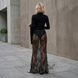 Sexy High-Waisted Sheer Lace Mesh Maxi Skirt