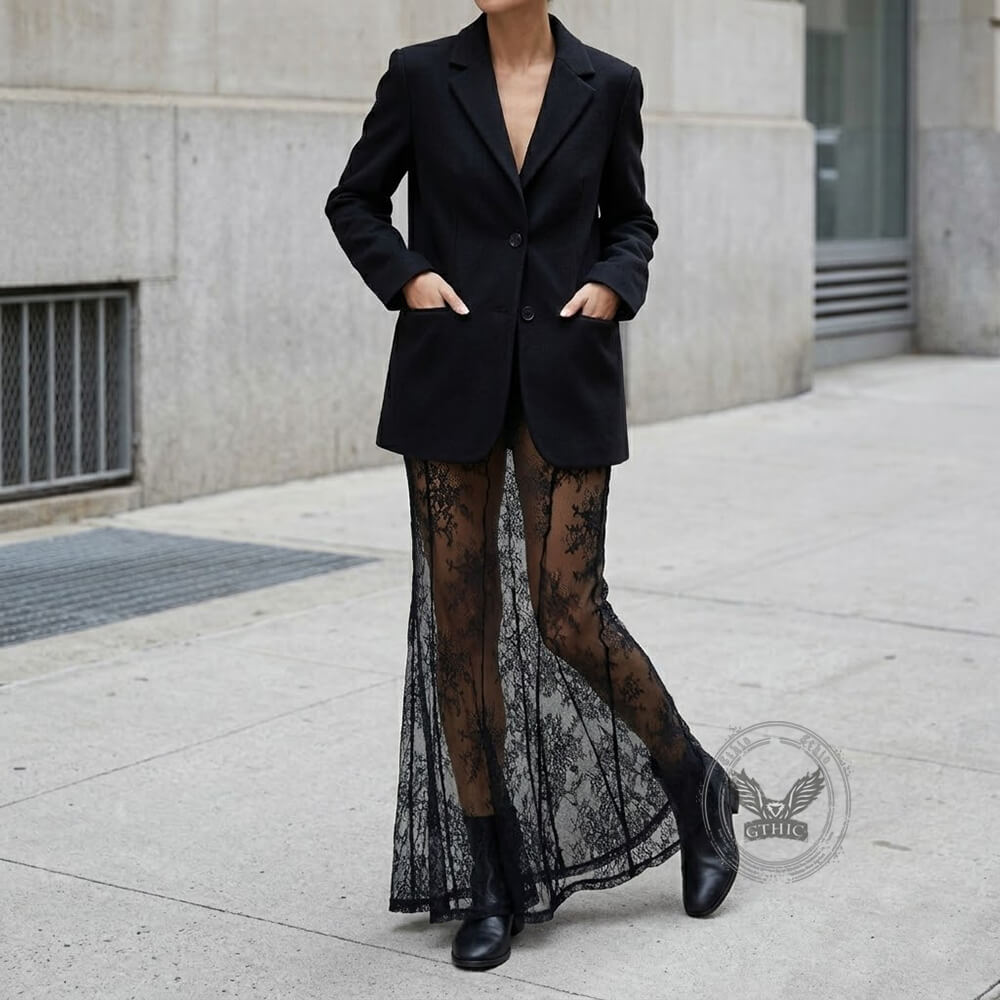 Sexy High-Waisted Sheer Lace Mesh Maxi Skirt