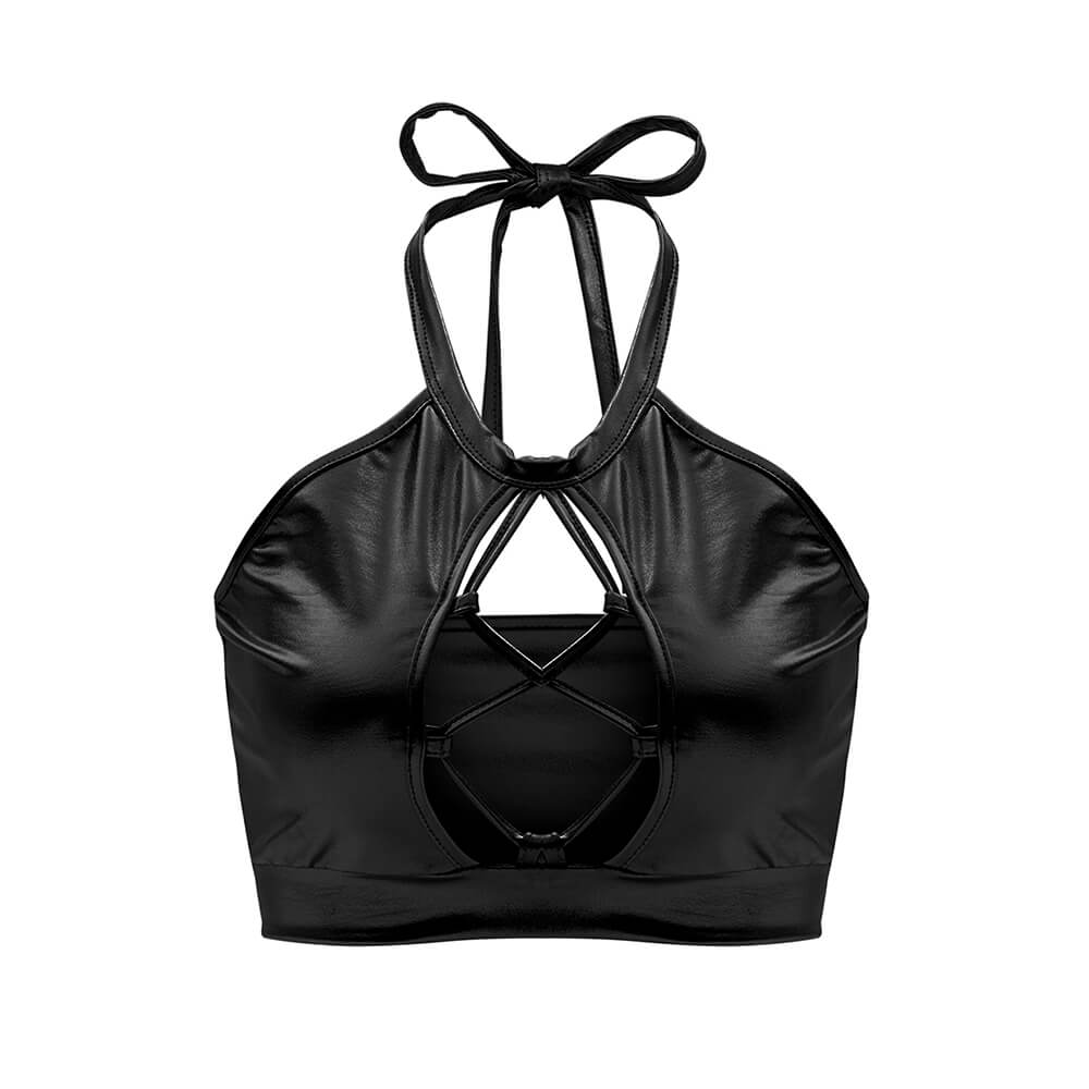 Sexy Hollow Glossy Slim Lace Up Halter Neck Vest