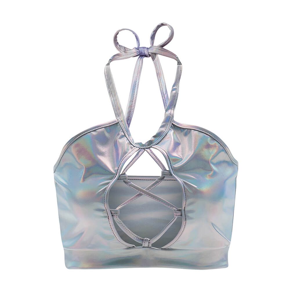 Sexy Hollow Glossy Slim Lace Up Halter Neck Vest