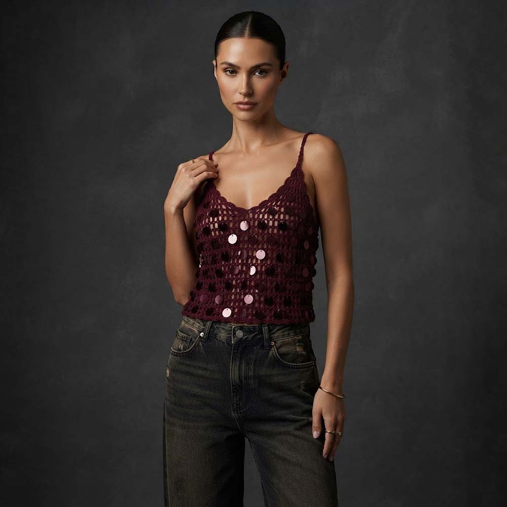 Sexy Hollow Out Bikini Crochet Sequin Camisole | Gthic.com