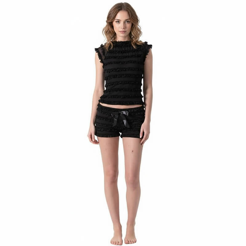 Sexy Lace Back Hollow Lace-Up Vest Bow Shorts Set