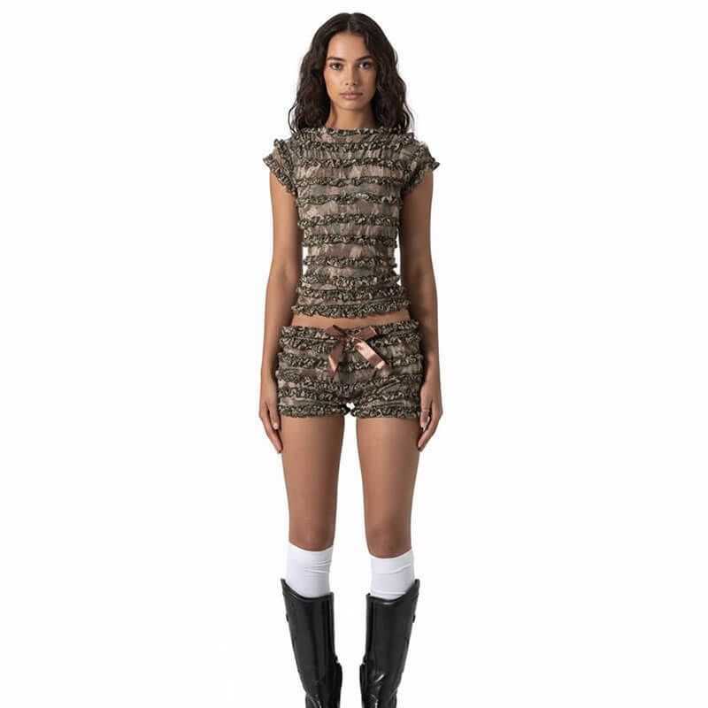 Sexy Lace Back Hollow Lace-Up Vest Bow Shorts Set | Gthic.com