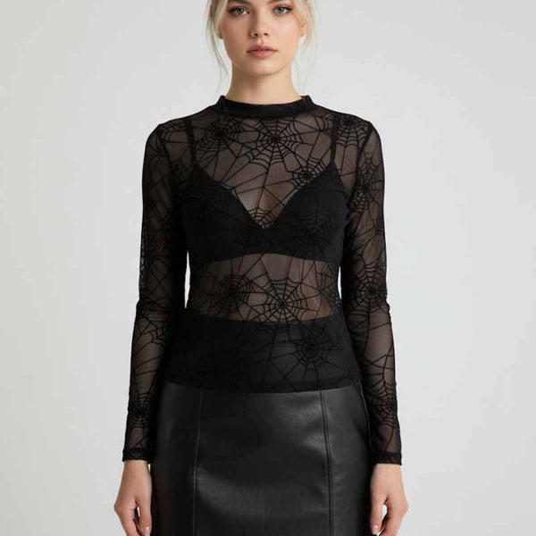 Sexy Mesh Spider Web Print Thin See-Through Top | Gthic.com