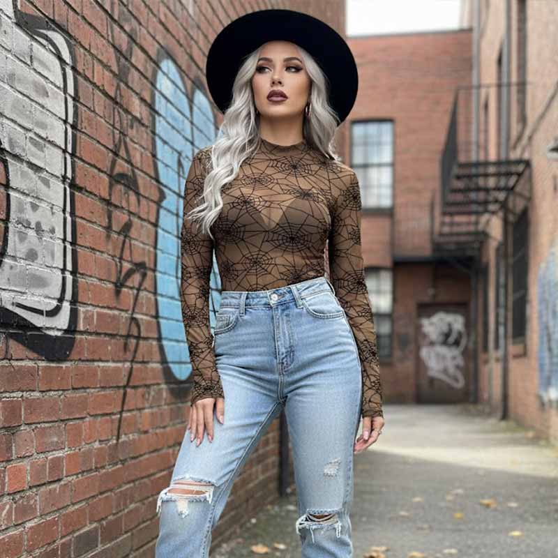Sexy Mesh Spider Web Print Thin See-Through Top | Gthic.com