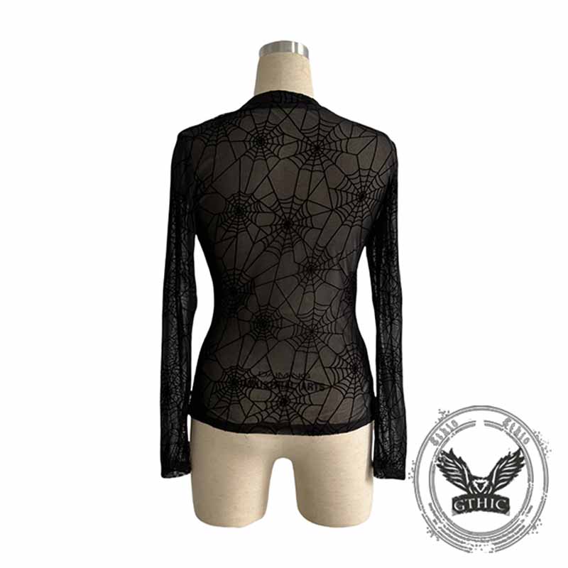 Sexy Mesh Spider Web Print Thin See-Through Top