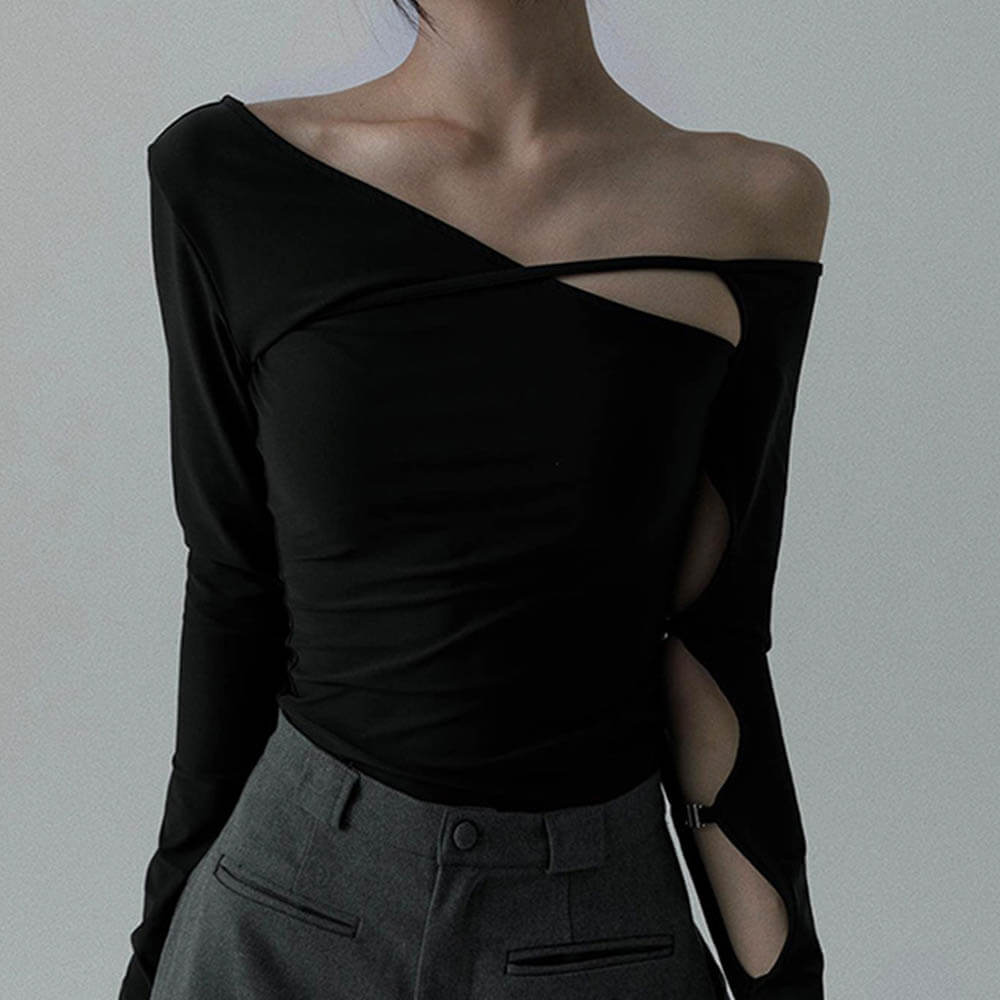 Sexy Off-Shoulder Metal Buckle Hollow Slim Top 01 | Gthic.com