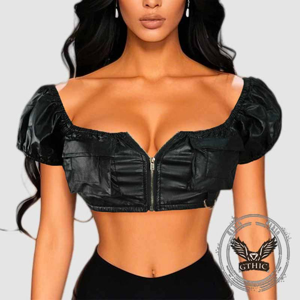 Sexy One Shoulder Zipper PU Leather Short Tube Top