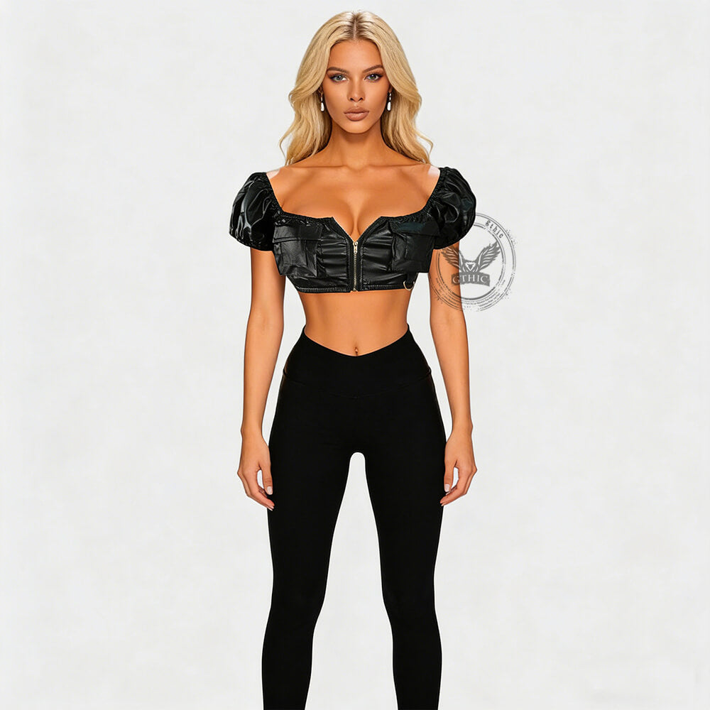 Sexy One Shoulder Zipper PU Leather Short Tube Top