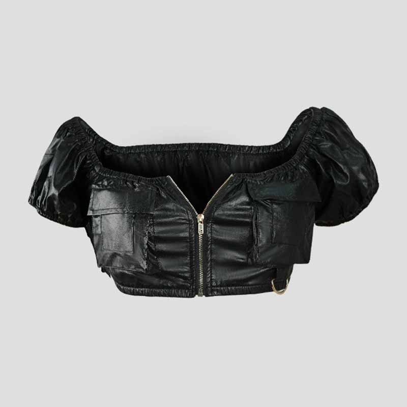 Sexy One Shoulder Zipper PU Leather Short Tube Top