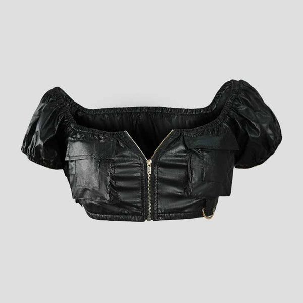 Sexy One Shoulder Zipper PU Leather Short Tube Top