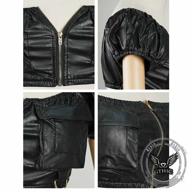 Sexy One Shoulder Zipper PU Leather Short Tube Top