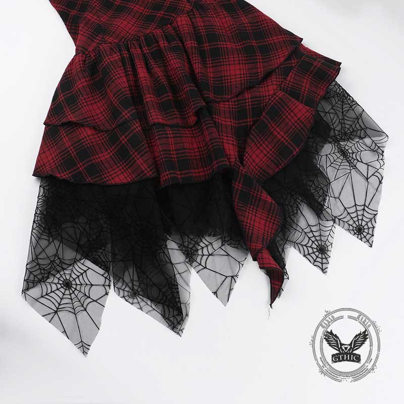 Sexy Red Plaid Tube Top Spider Web Hem Dress