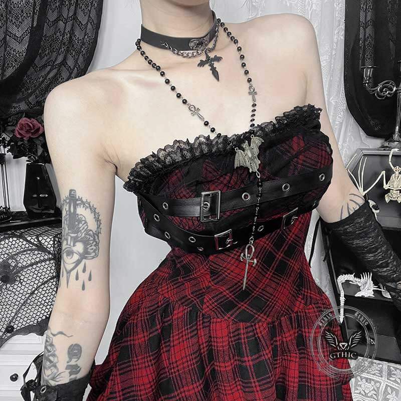 Sexy Red Plaid Tube Top Spider Web Hem Dress 02 | Gthic.com