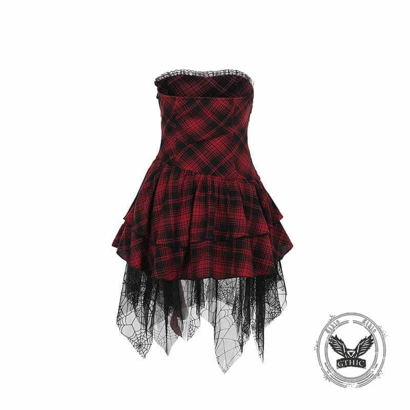 sexy red and black dress Red Plaid Tube Top Spider Web Hem Dress, Red / S (Bust 70-84 cm)