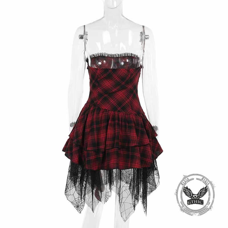 Sexy Red Plaid Tube Top Spider Web Hem Dress