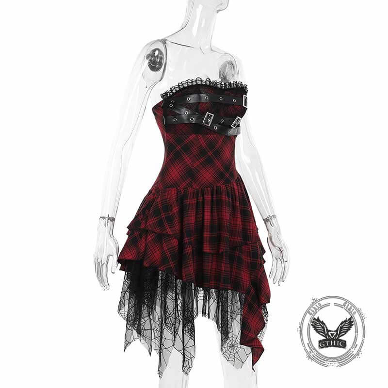 Sexy Red Plaid Tube Top Spider Web Hem Dress