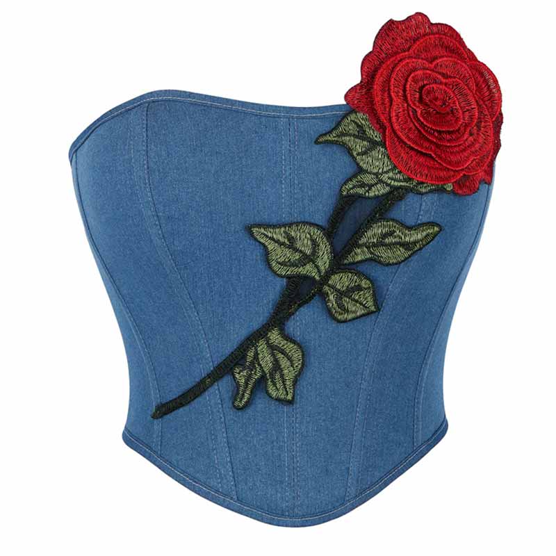 Sexy Rose Pattern Blue Denim Corset 01 | Gthic.com