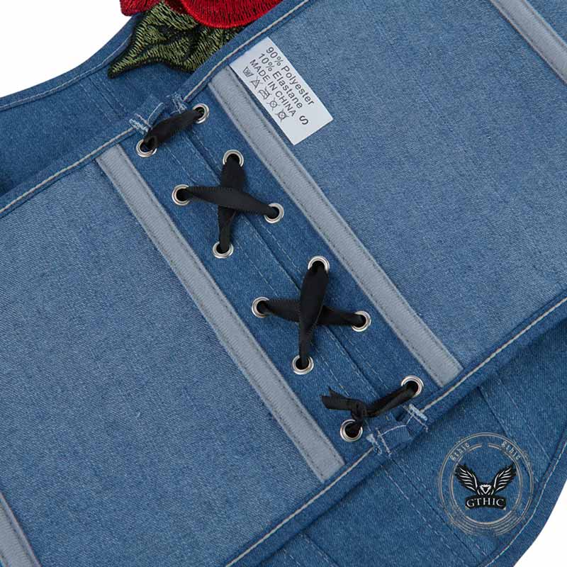 Sexy Rose Pattern Blue Denim Corset