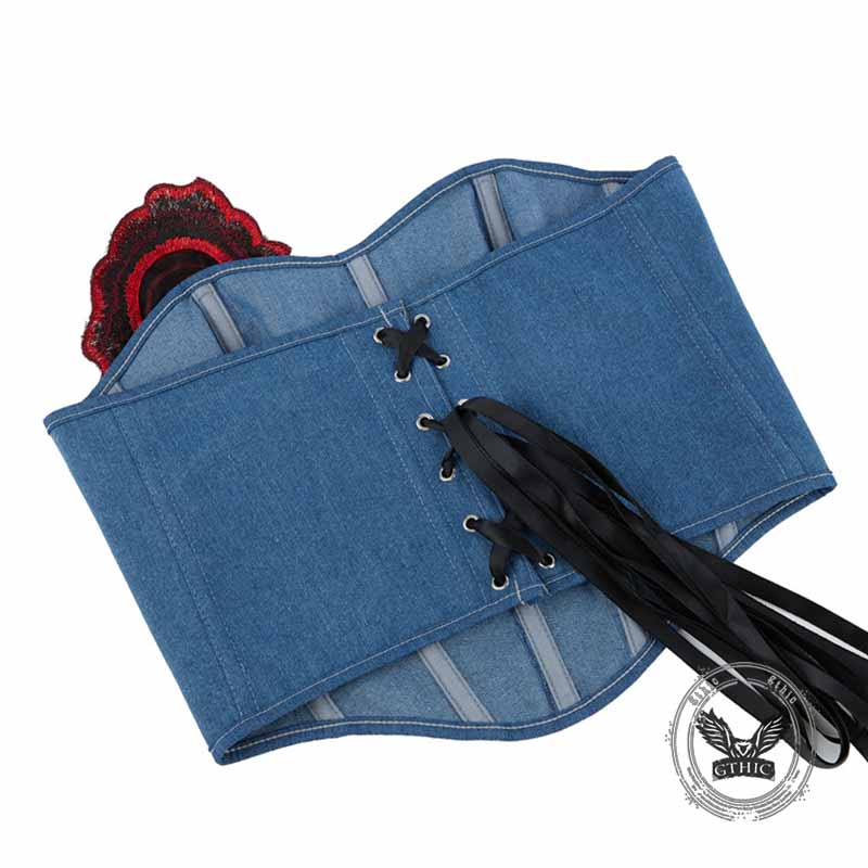 Sexy Rose Pattern Blue Denim Corset