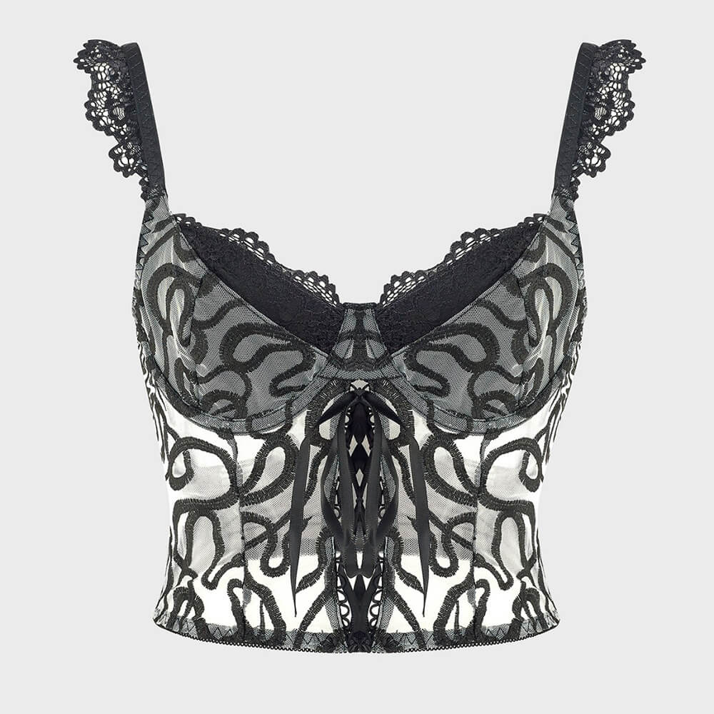 Sexy Sheer Mesh Embroidered Lace-Up Camisole | Gthic.com