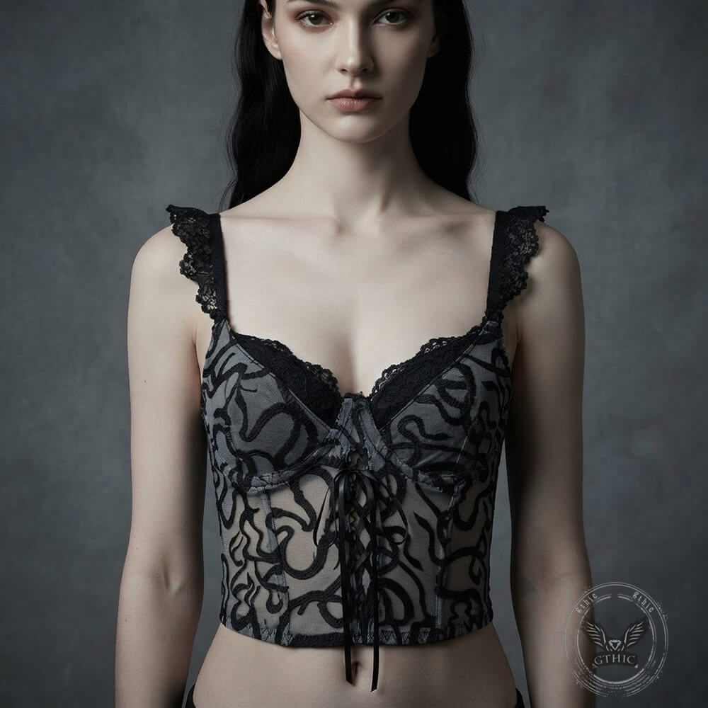 Sexy Sheer Mesh Embroidered Lace-Up Camisole | Gthic.com