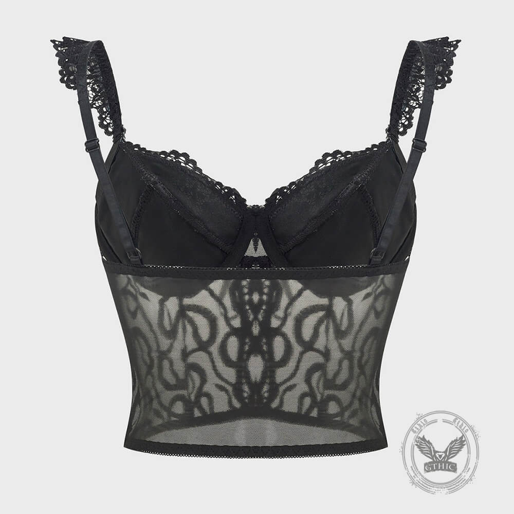 Sexy Sheer Mesh Embroidered Lace-Up Camisole | Gthic.com